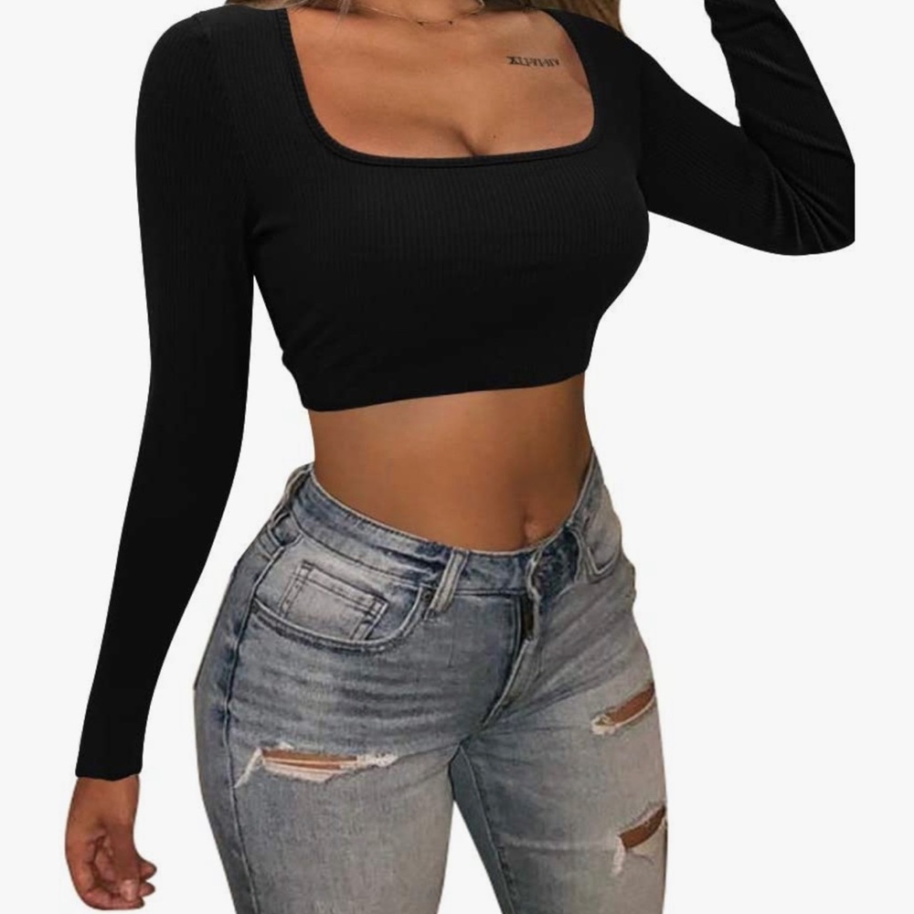 Women's Sexy Long Sleeve Square Neck Ribbed Knitted Casual Crop Top